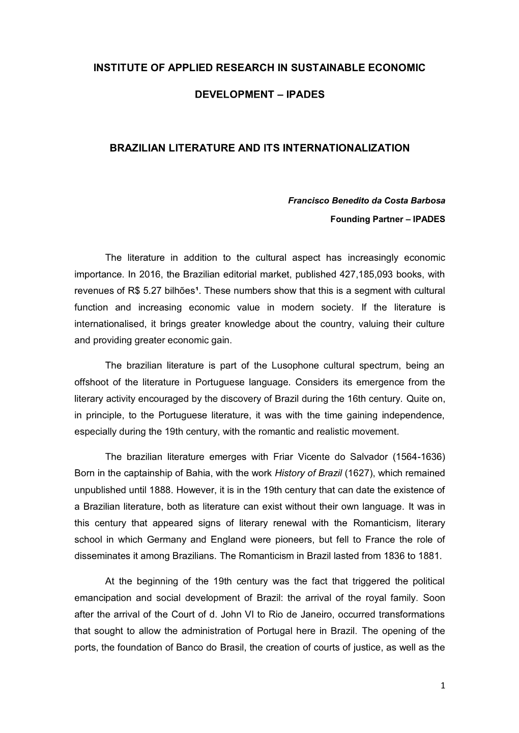 Ipades Brazilian Literature and Its Internationalization