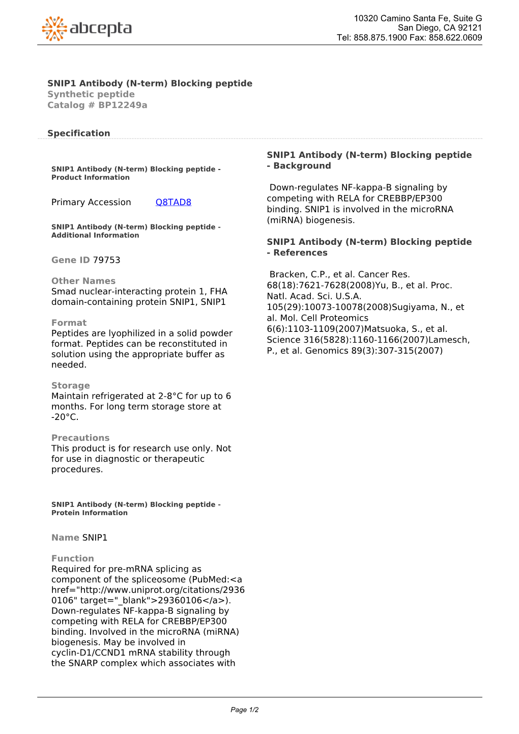 SNIP1 Antibody (N-Term) Blocking Peptide Synthetic Peptide Catalog # Bp12249a