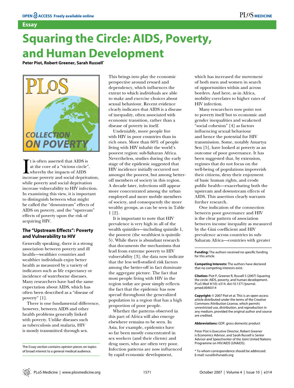 AIDS, Poverty, and Human Development Peter Piot, Robert Greener, Sarah Russell*
