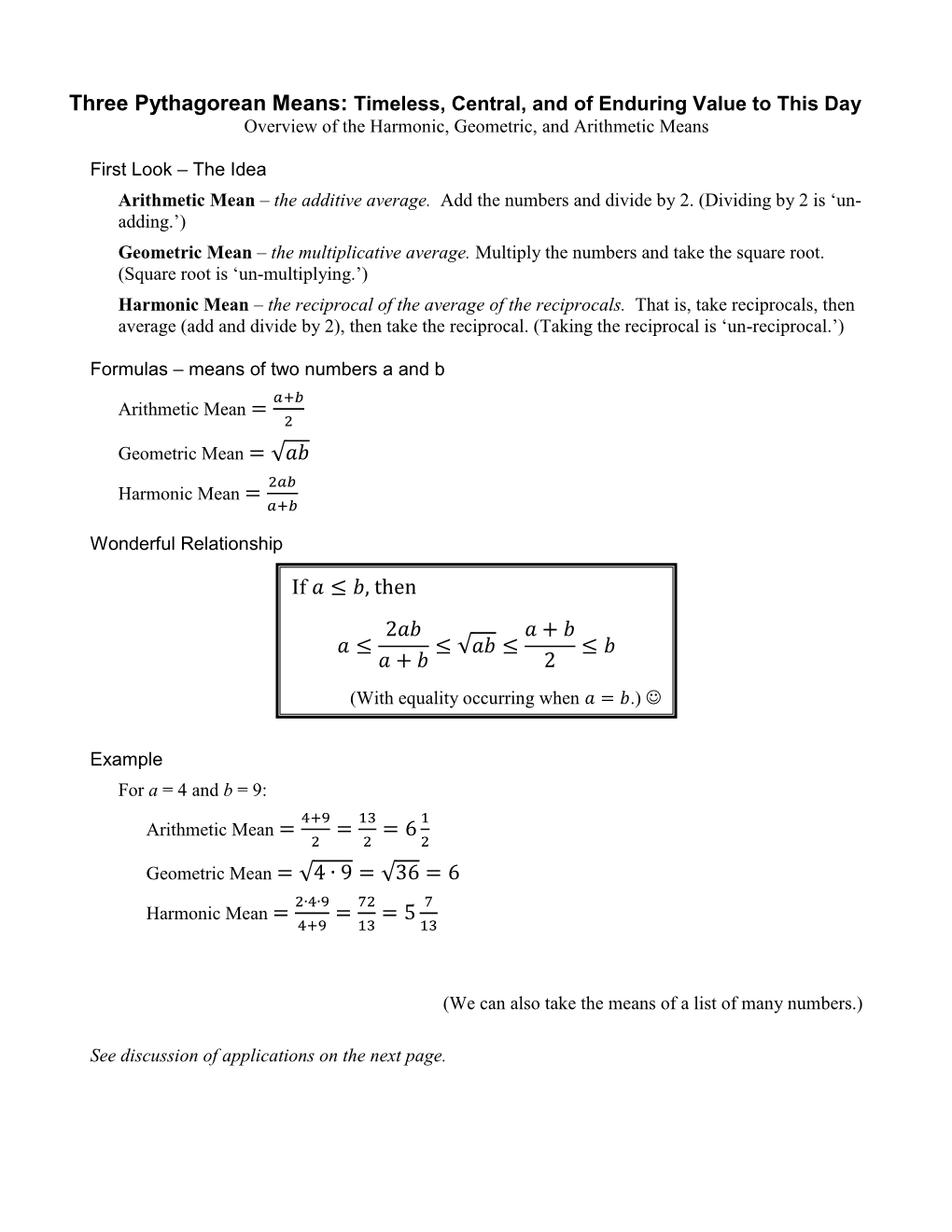 Overview of the Three Pythagorean Means