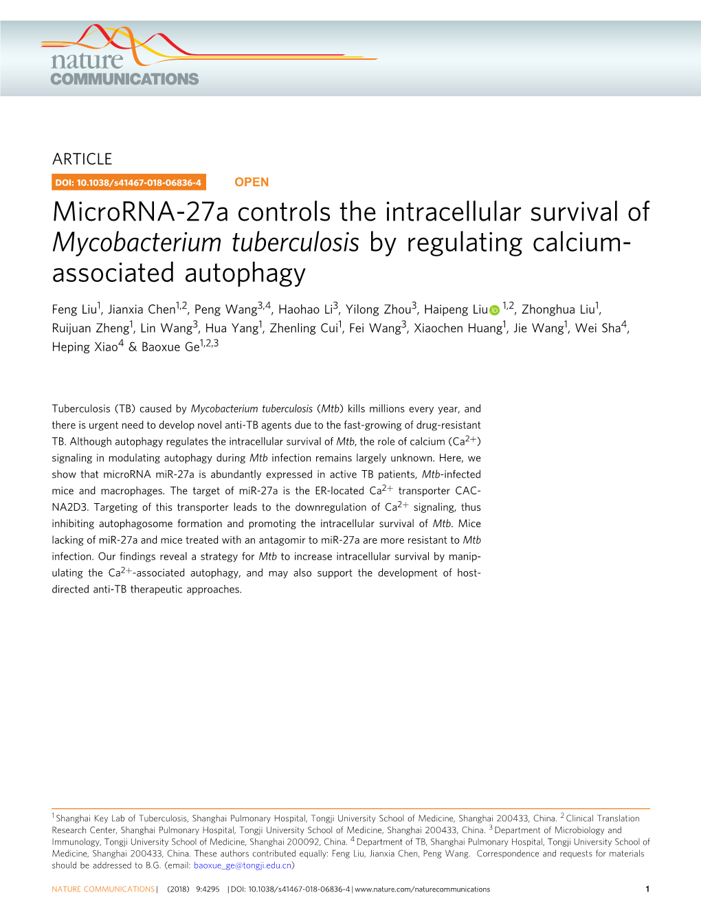 Microrna-27A Controls the Intracellular Survival of Mycobacterium Tuberculosis by Regulating Calcium- Associated Autophagy