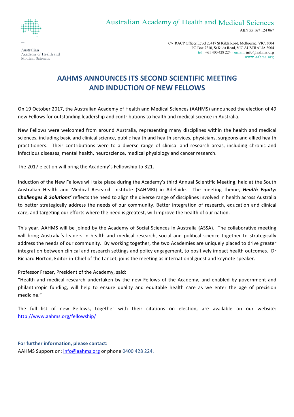 Aahms Announces Its Second Scientific Meeting and Induction of New Fellows