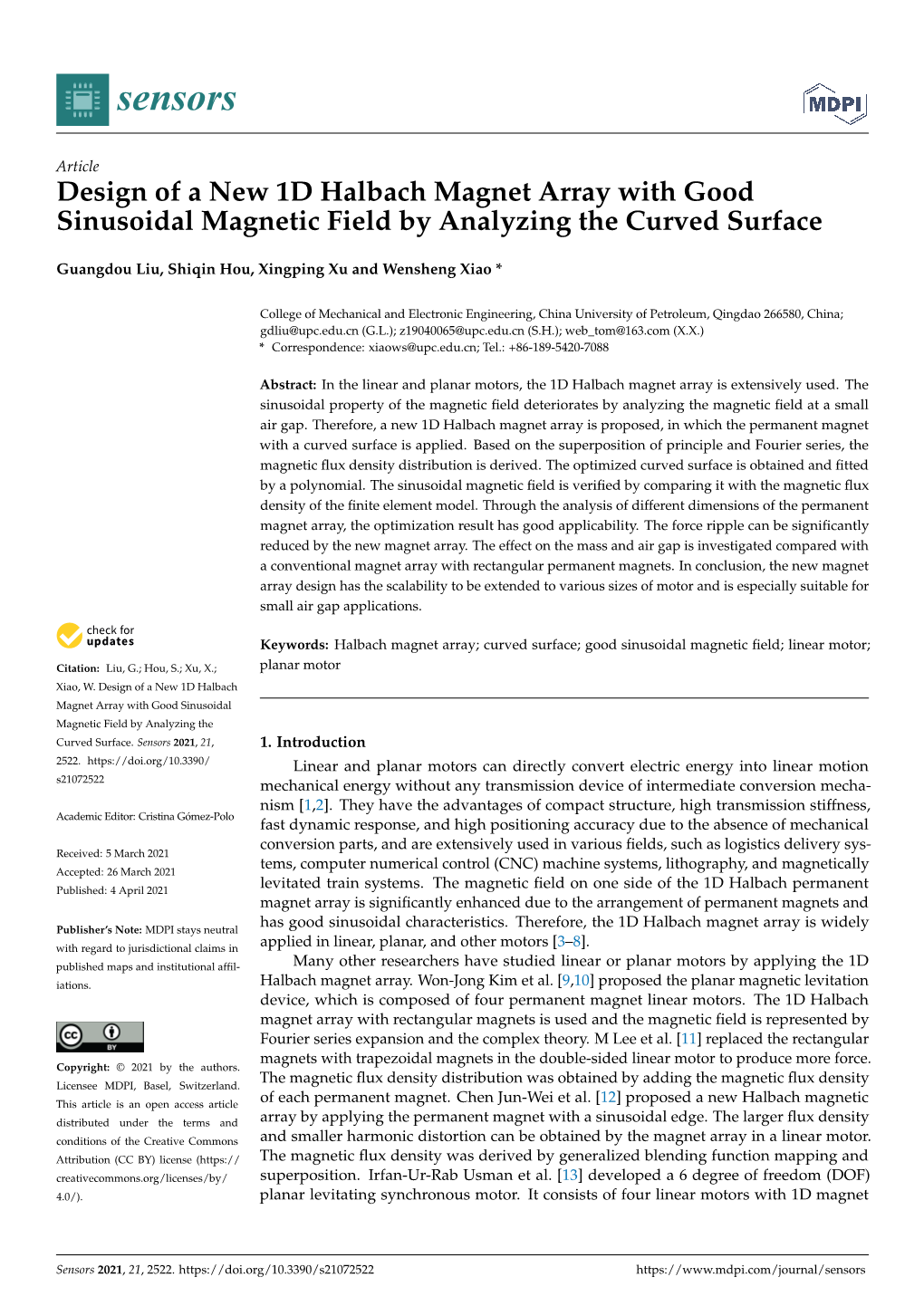 Design of a New 1D Halbach Magnet Array with Good Sinusoidal Magnetic Field by Analyzing the Curved Surface