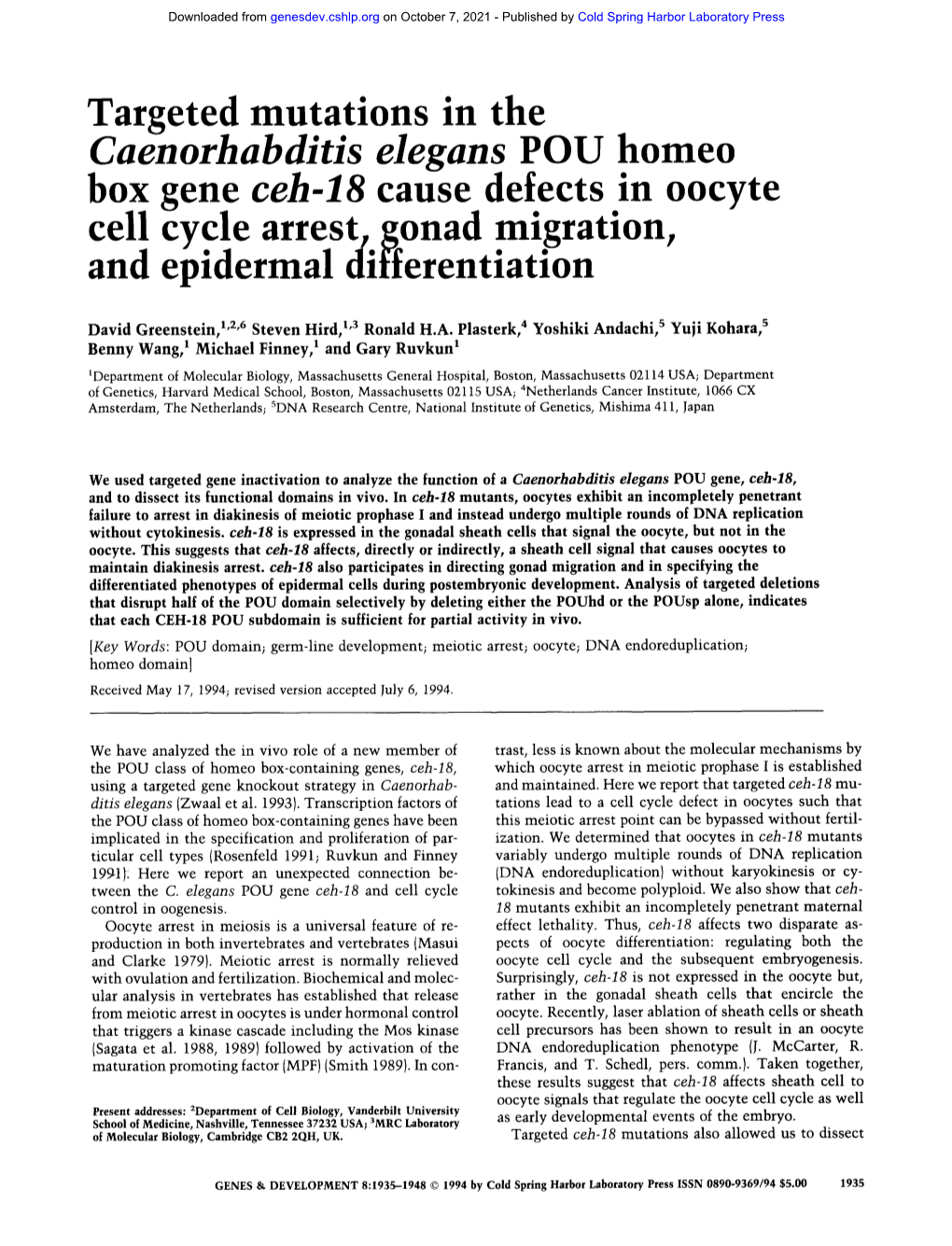 Caenorhabditis Elegans POU Homeo Box Gene Ceh-18 Cause Defects in Oocyte Cycle Arrest, Gonad Mi.Gration, Epidermal Differentianon