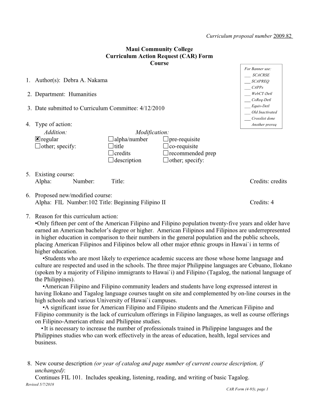 Curriculum Proposal No s1