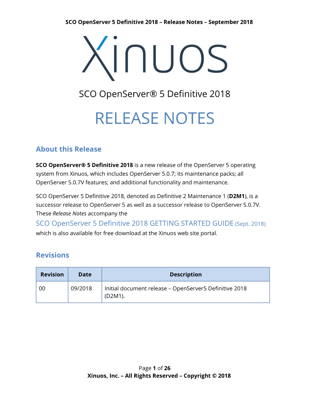 SCO Openserver 5 Definitive 2018 – Release Notes – September 2018