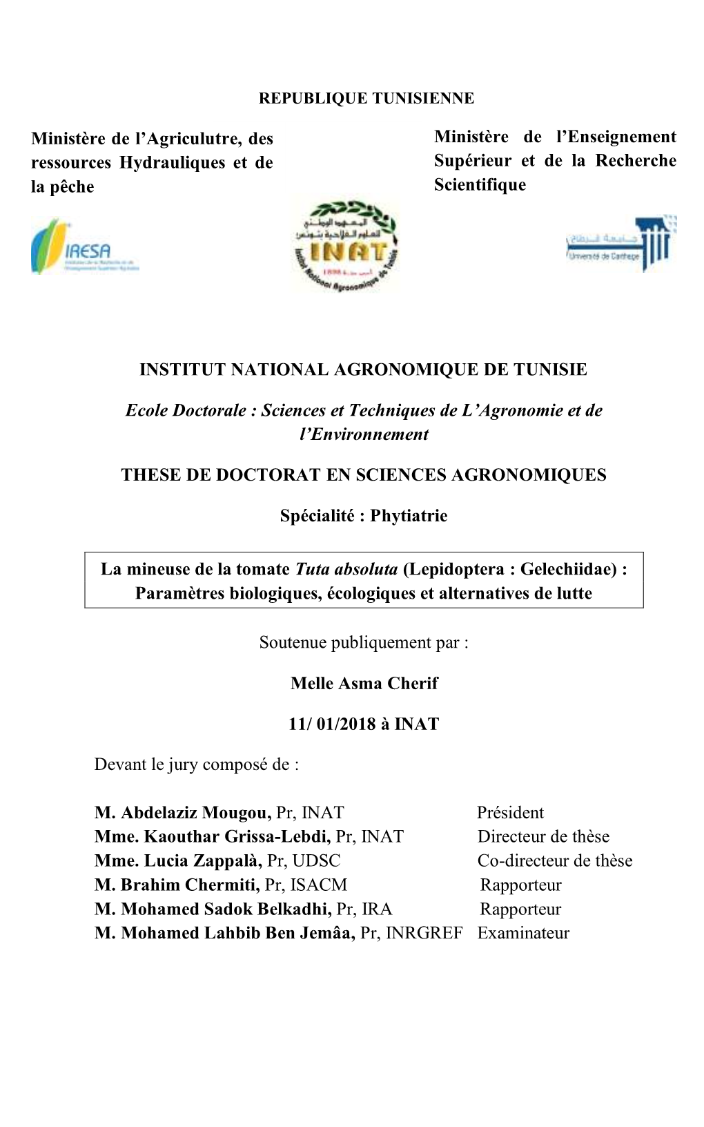 INSTITUT NATIONAL AGRONOMIQUE DE TUNISIE Ecole Doctorale