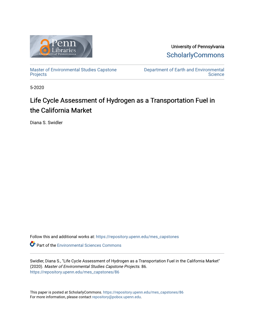 Life Cycle Assessment of Hydrogen As a Transportation Fuel in the California Market