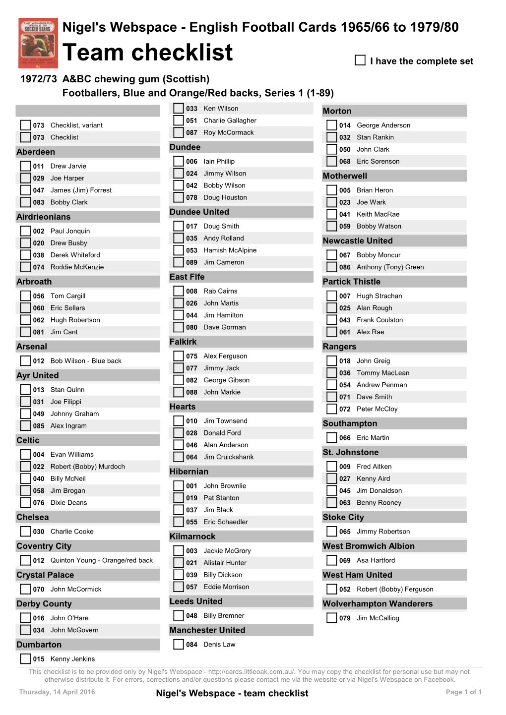Team Checklist I Have the Complete Set 1972/73 A&BC Chewing Gum (Scottish) Footballers, Blue and Orange/Red Backs, Series 1 (1-89)