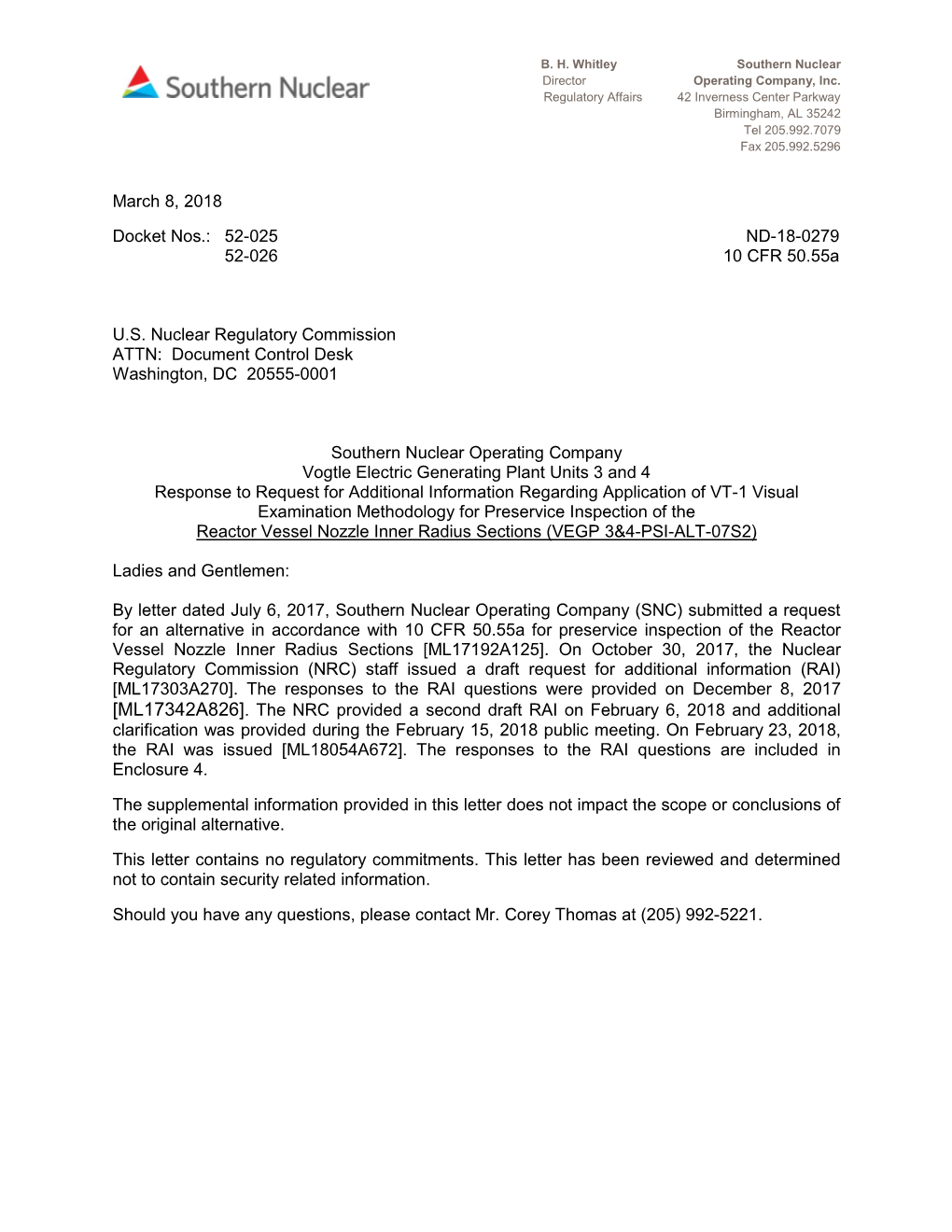 Vogtle, Units 3 and 4, Response to Request for Additional Information