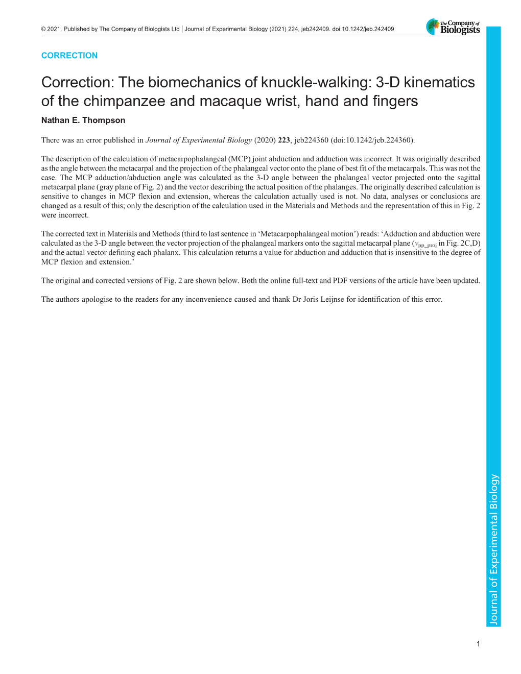 The Biomechanics of Knuckle-Walking: 3-D Kinematics of the Chimpanzee and Macaque Wrist, Hand and Fingers Nathan E