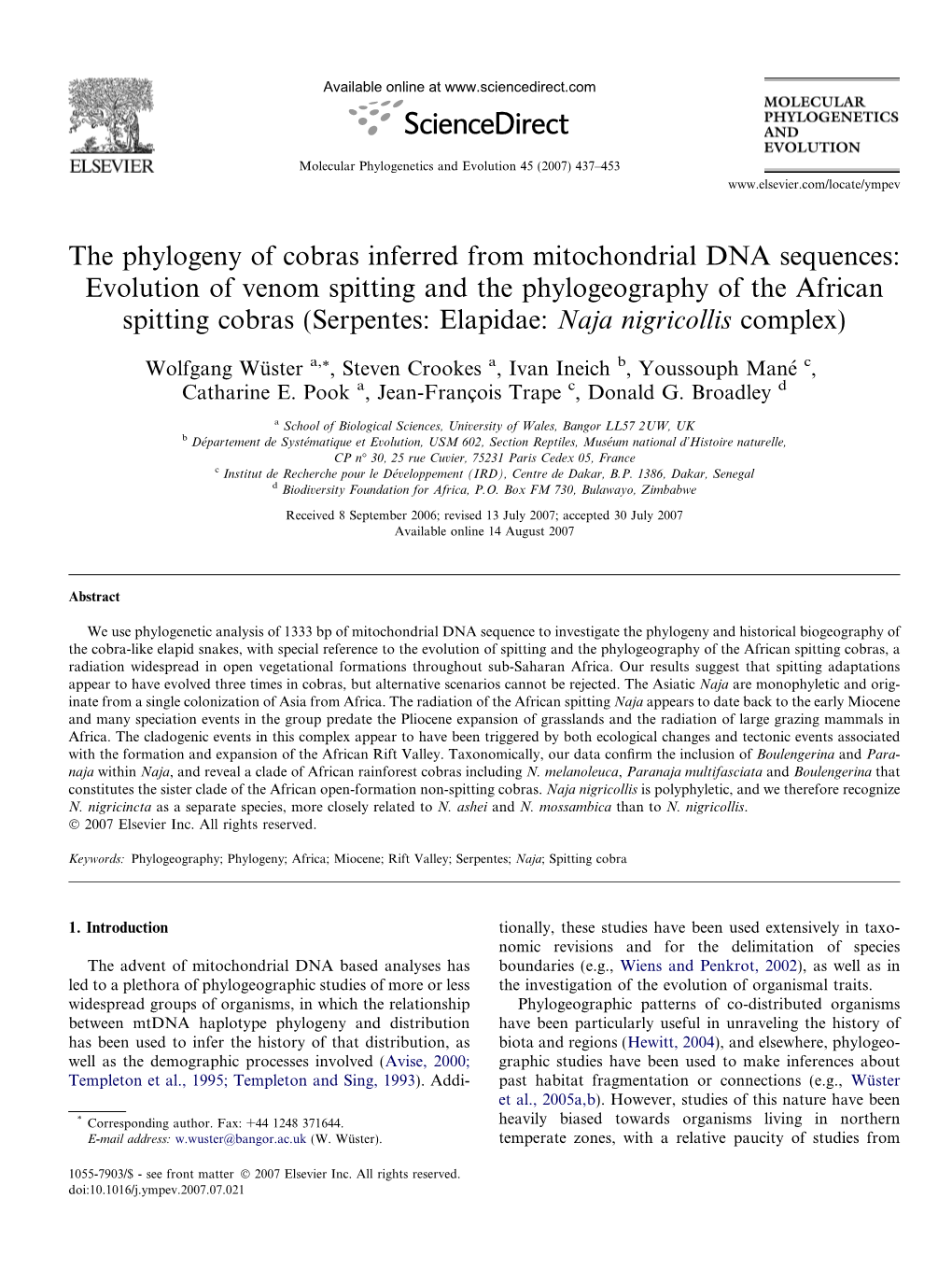 The Phylogeny of Cobras Inferred from Mitochondrial DNA Sequences