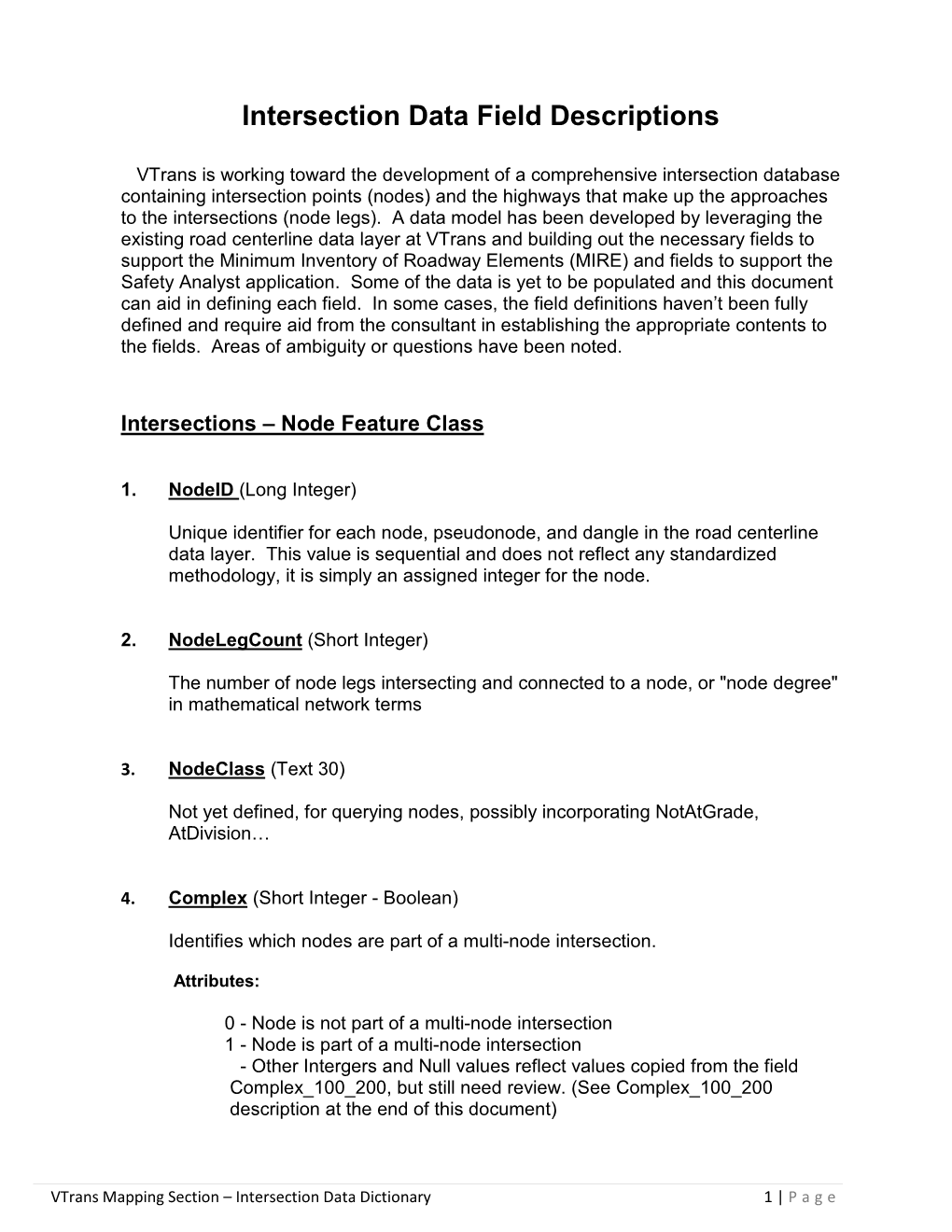 Intersection Data Field Descriptions