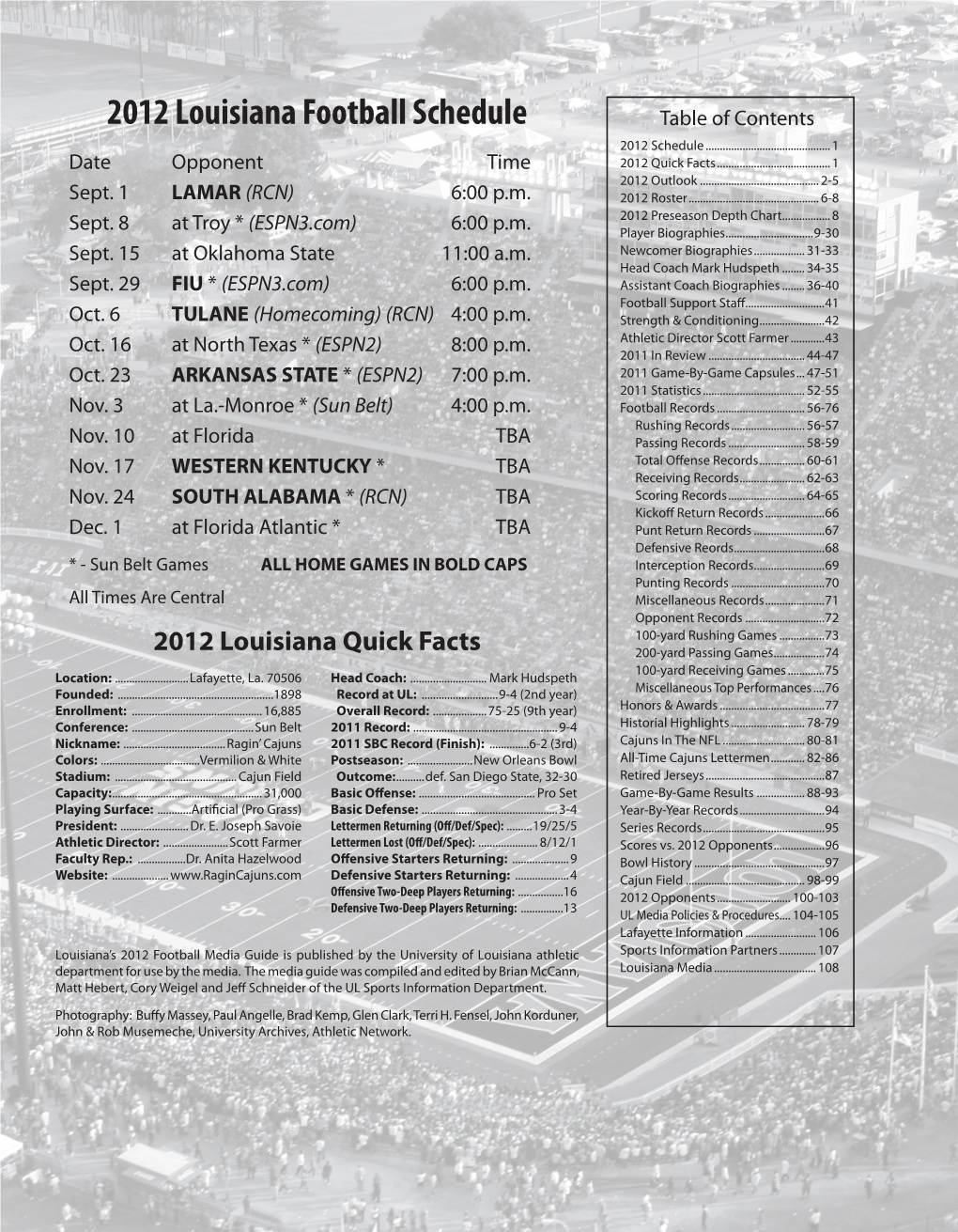 2012 Louisiana Football Schedule Table of Contents 2012 Schedule