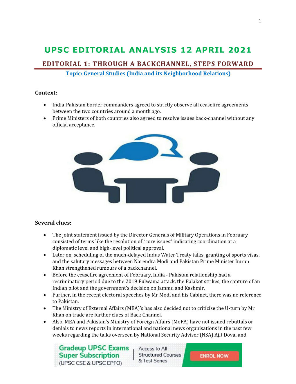 UPSC EDITORIAL ANALYSIS 12 APRIL 2021 EDITORIAL 1: THROUGH a BACKCHANNEL, STEPS FORWARD Topic: General Studies (India and Its Neighborhood Relations)