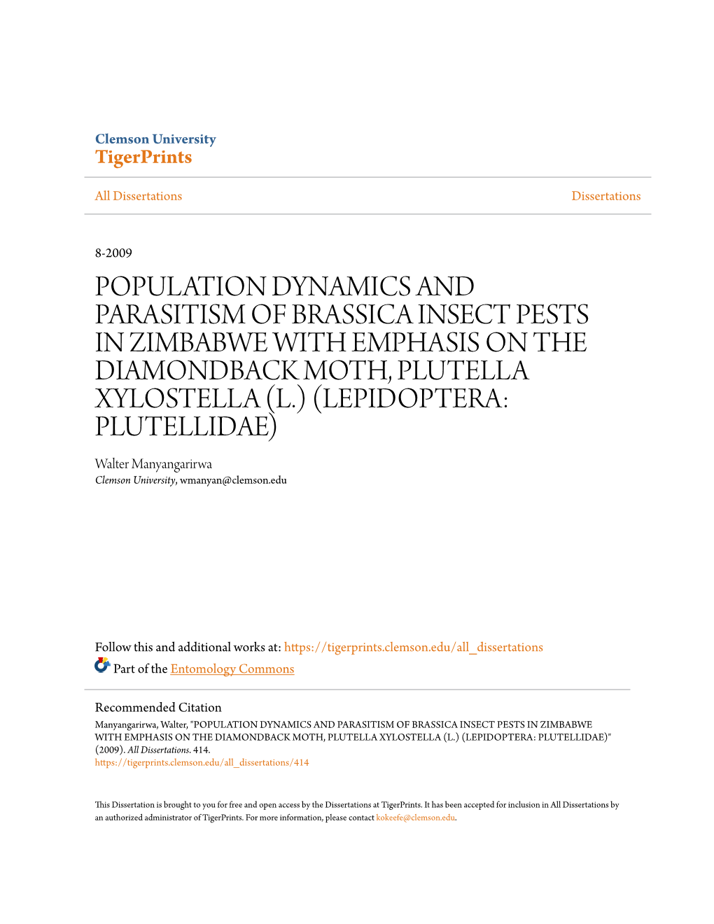 Population Dynamics and Parasitism of Brassica Insect Pests in Zimbabwe with Emphasis on the Diamondback Moth, Plutella Xylostel