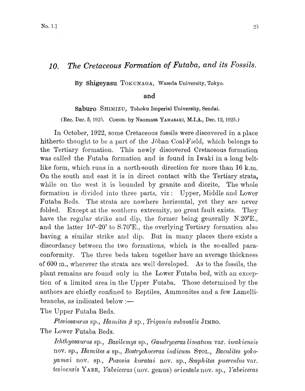 10. the Cretaceous Formation of Futaba, and Itsfossils