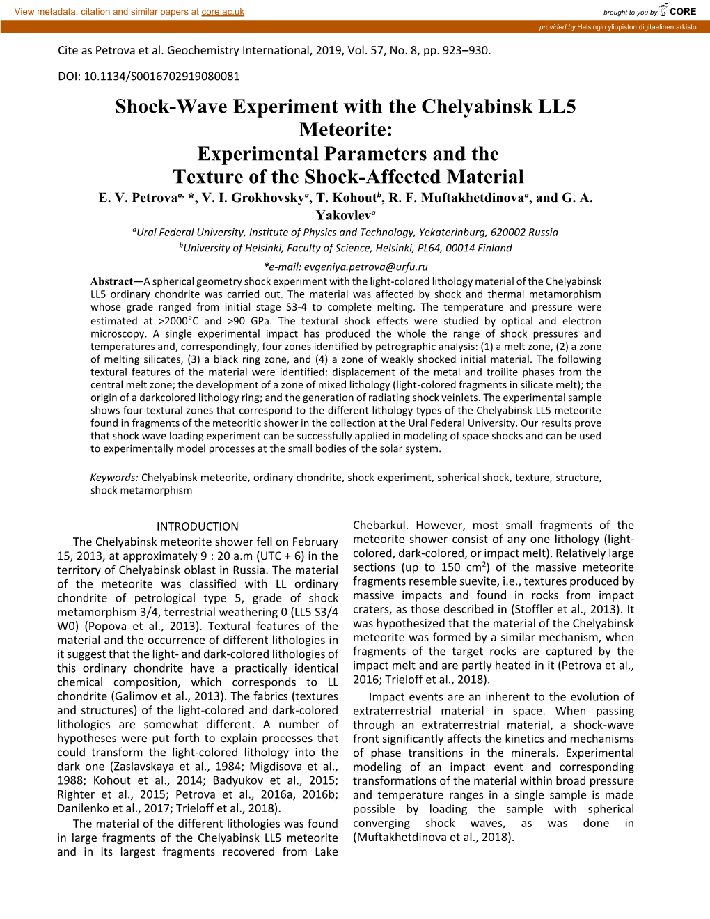 Shock-Wave Experiment with the Chelyabinsk LL5 Meteorite: Experimental Parameters and the Texture of the Shock-Affected Material E