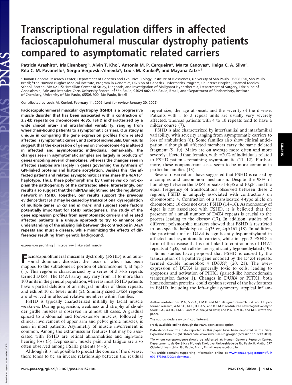 Transcriptional Regulation Differs in Affected Facioscapulohumeral Muscular Dystrophy Patients Compared to Asymptomatic Related Carriers