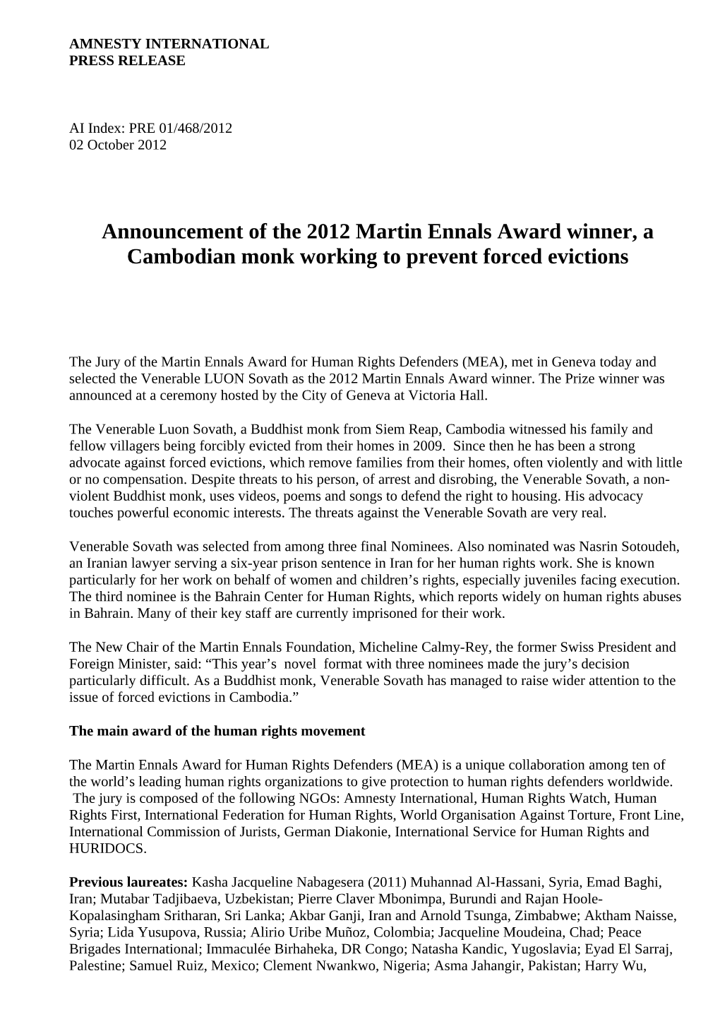 Announcement of the 2012 Martin Ennals Award Winner, a Cambodian Monk Working to Prevent Forced Evictions