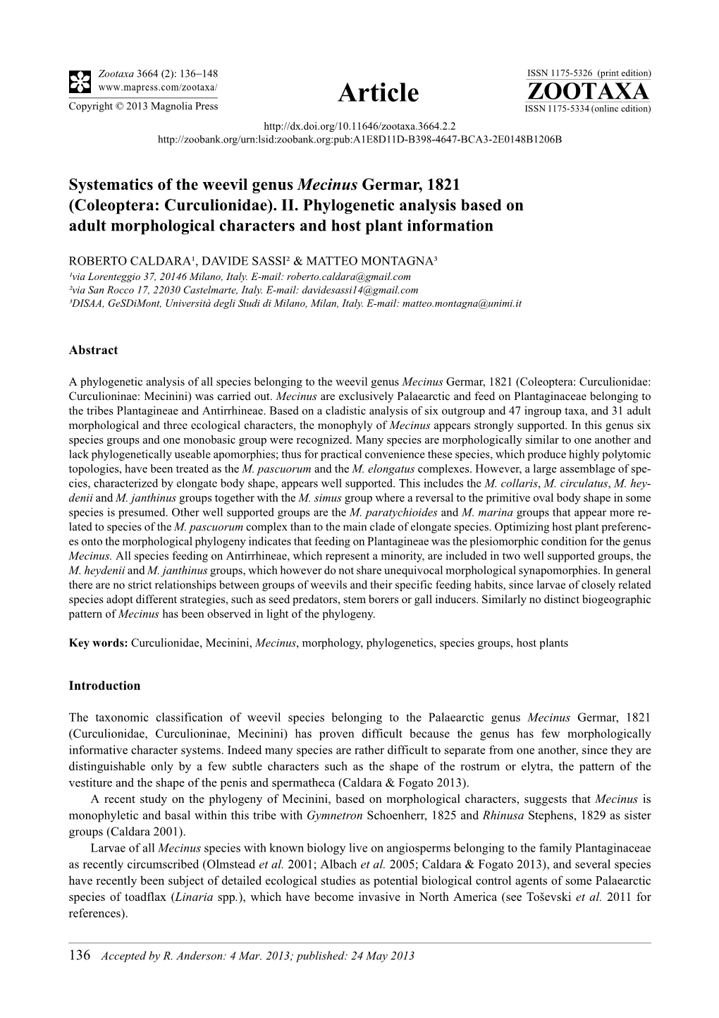 Systematics of the Weevil Genus Mecinus Germar, 1821 (Coleoptera: Curculionidae)