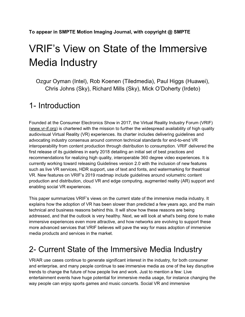 VRIF's View on State of the Immersive Media Industry