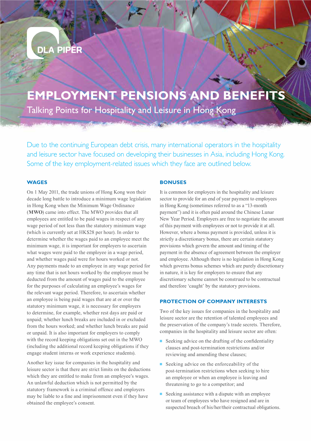 EMPLOYMENT PENSIONS and BENEFITS Talking Points for Hospitality and Leisure in Hong Kong