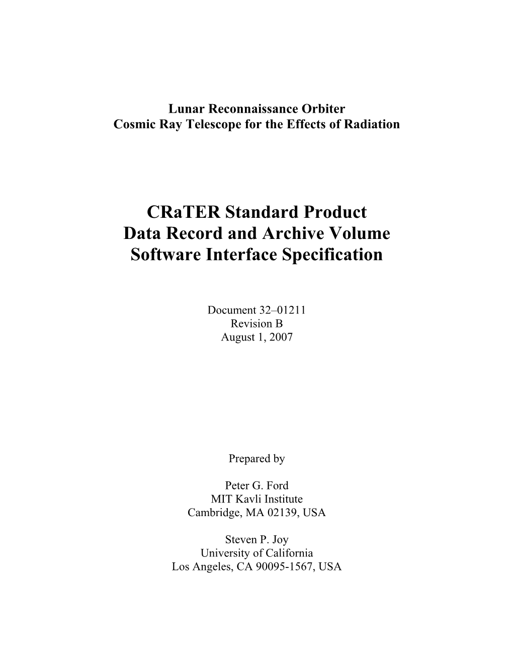 Crater Standard Product Data Record and Archive Volume Software Interface Specification