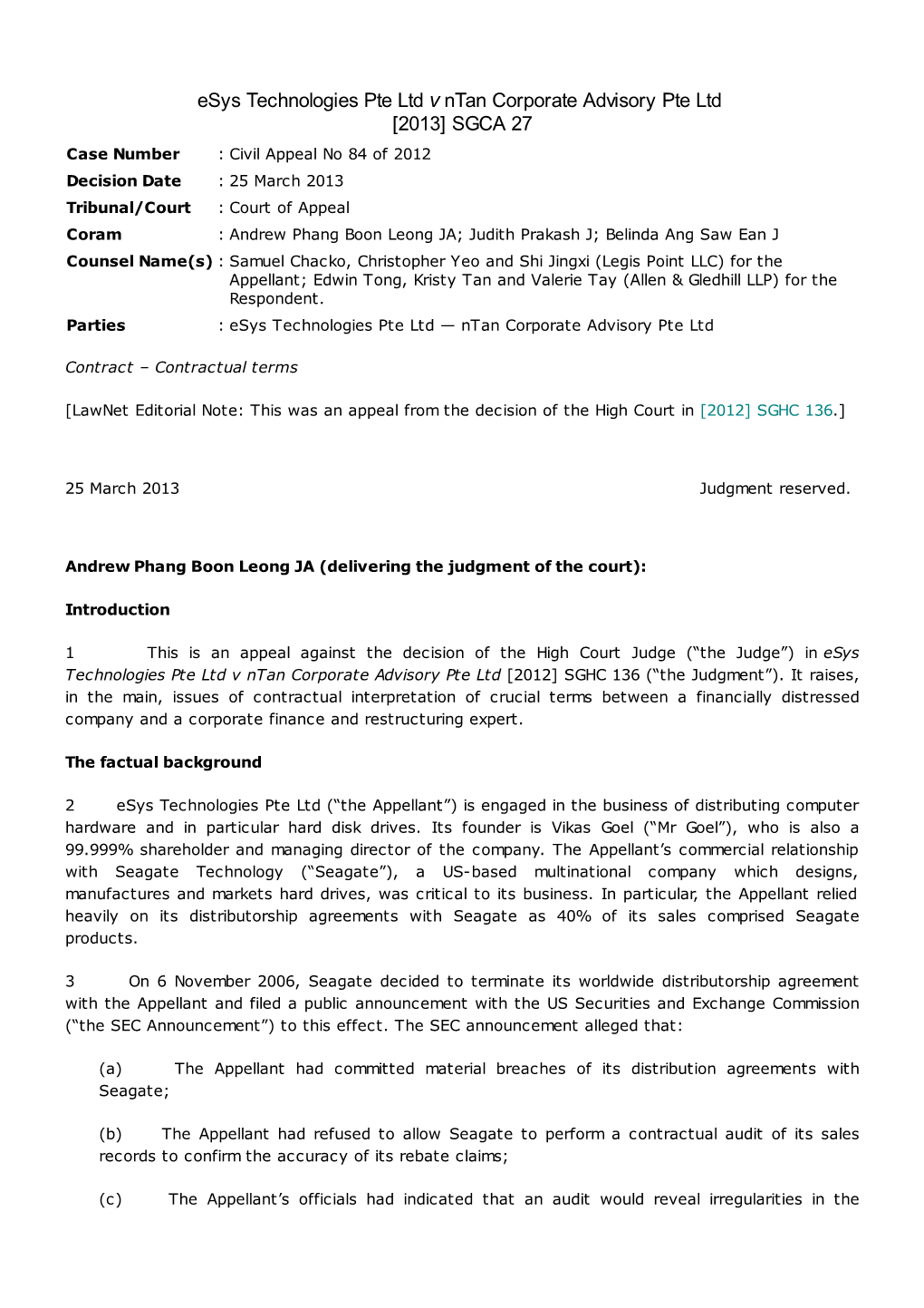 Esys Technologies Pte Ltd V Ntan Corporate Advisory Pte