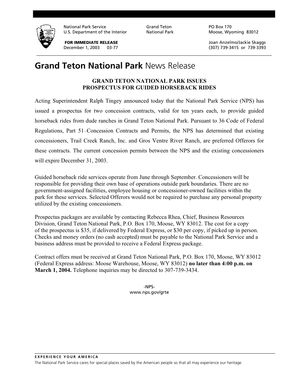 Grand Teton National Park News Release