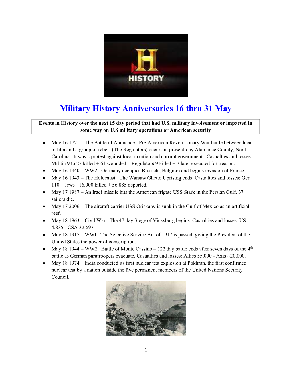 Military History Anniversaries 0516 Thru 053116