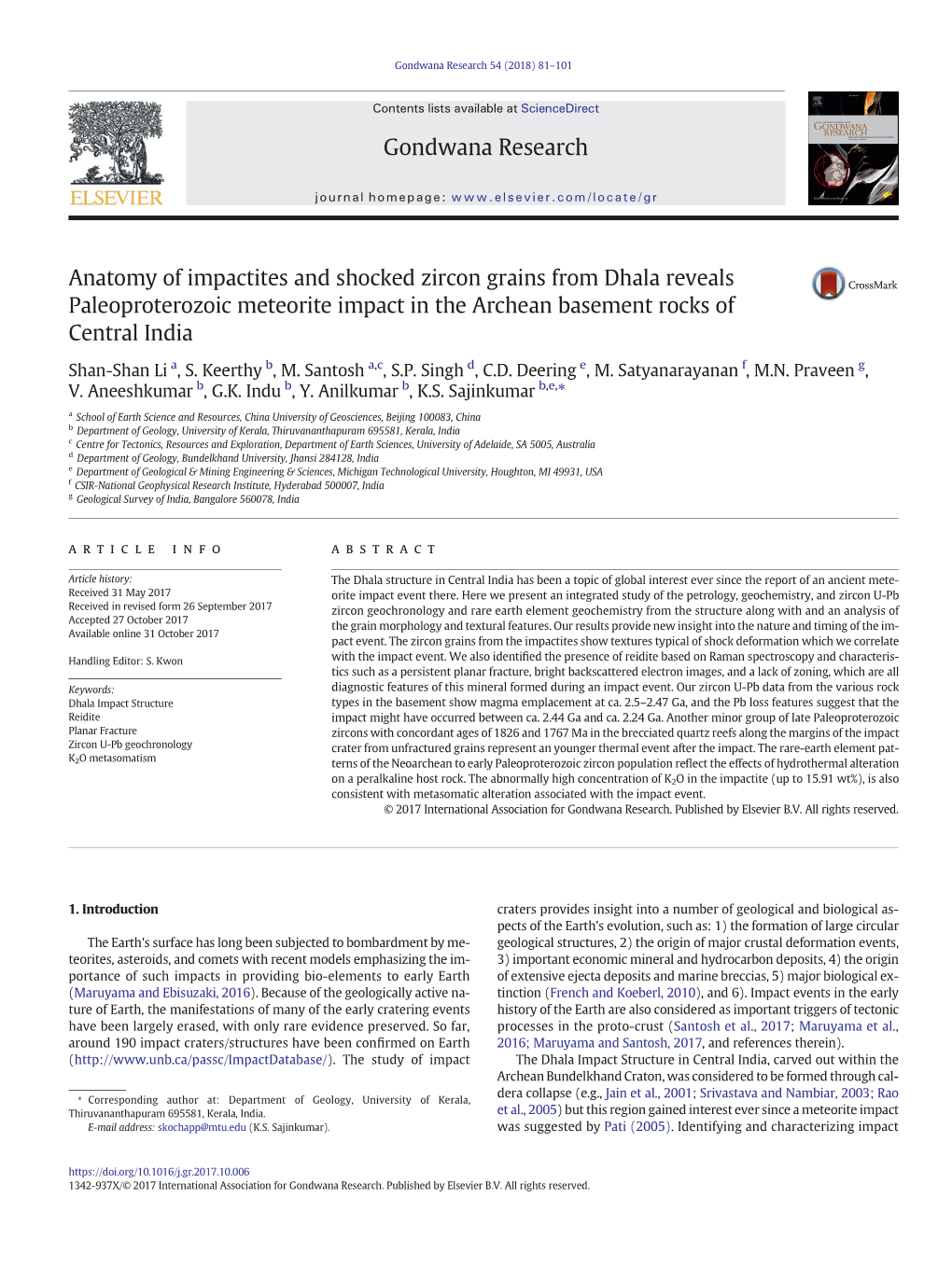 Anatomy of Impactites and Shocked Zircon Grains from Dhala Reveals Paleoproterozoic Meteorite Impact in the Archean Basement Rocks of Central India