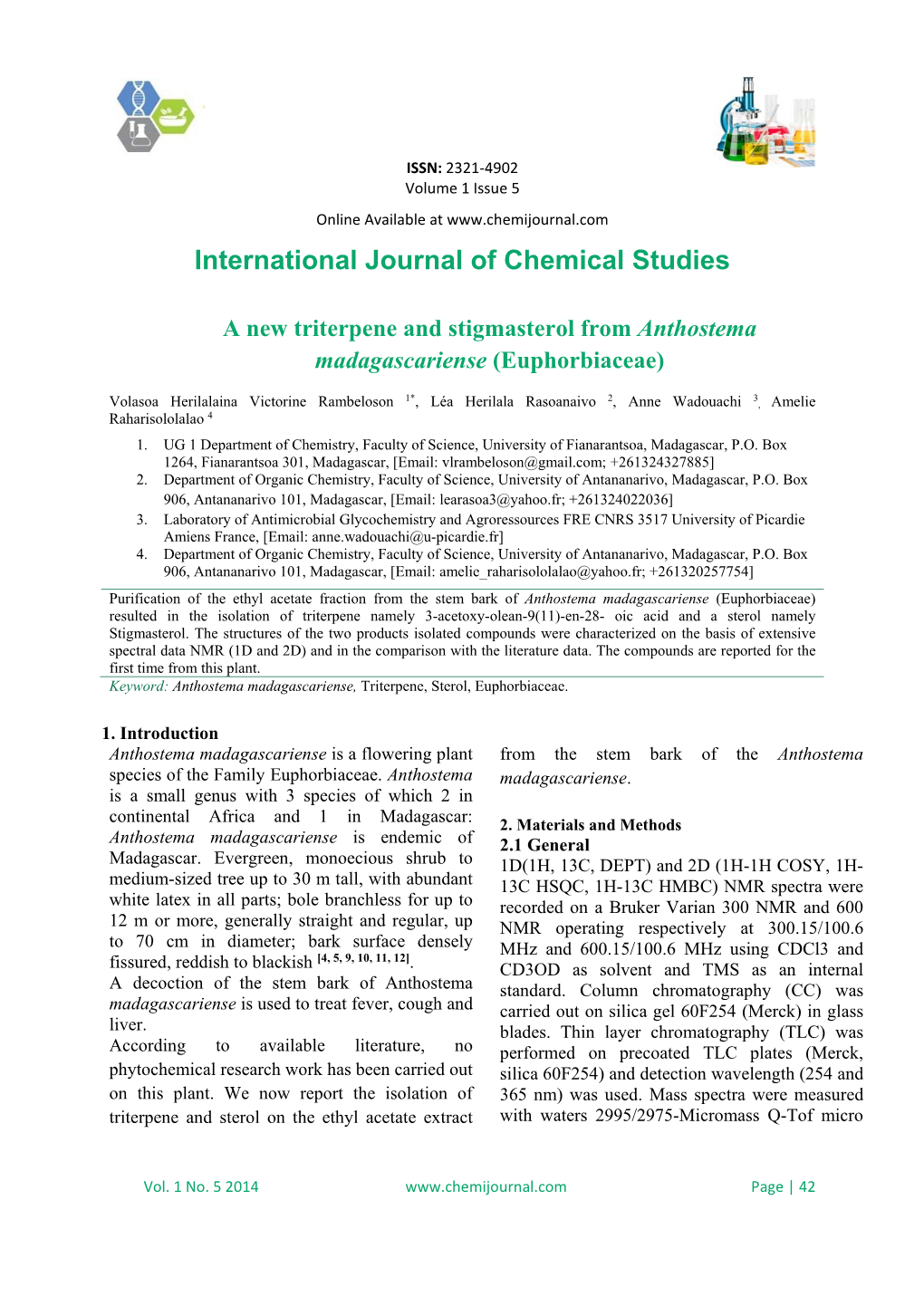 A New Triterpene and Stigmasterol from Anthostema Madagascariense (Euphorbiaceae)