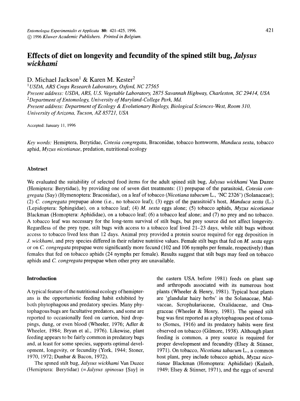 Effects of Diet on Longevity and Fecundity of the Spined Stilt Bug, Jalysus Wickhami