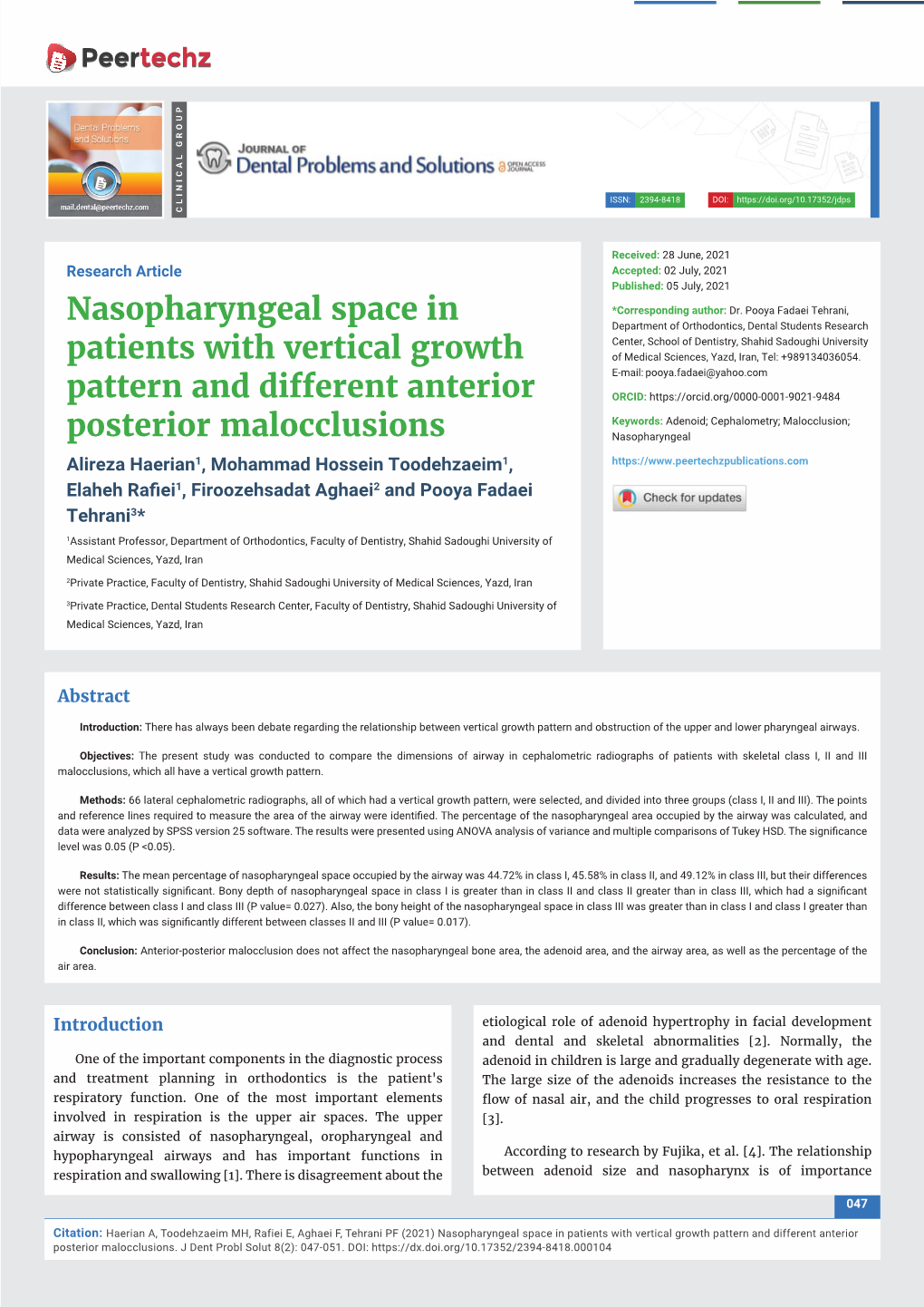 Nasopharyngeal Space in Patients with Vertical Growth Pattern and Different Anterior Posterior Malocclusions