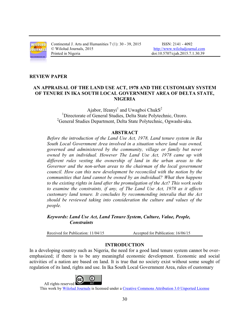 Review Paper an Appraisal of the Land Use a of Tenure In