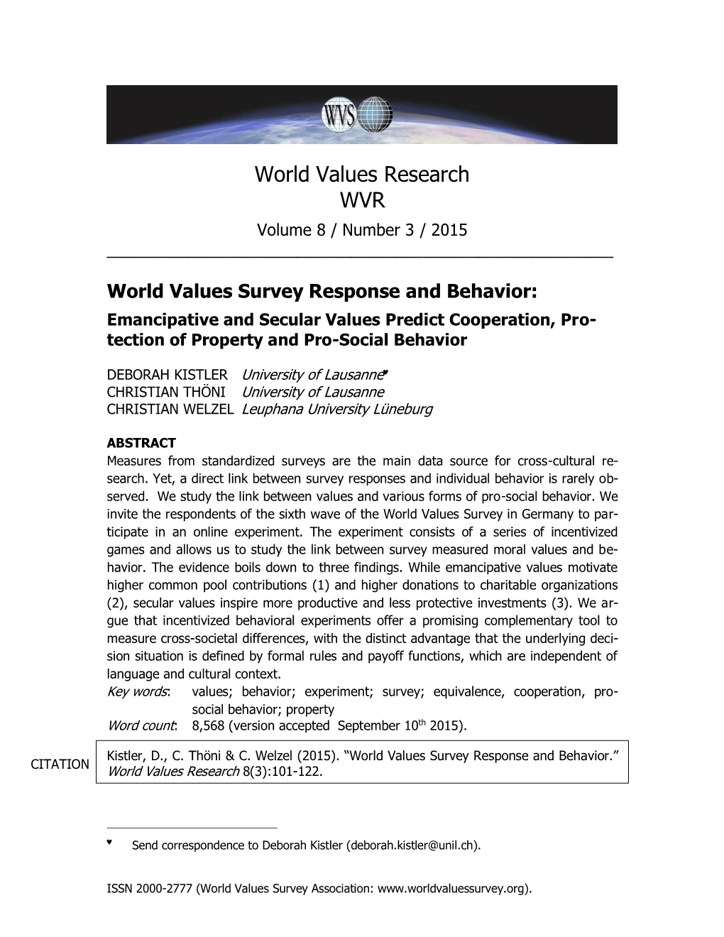 World Values Research WVR Volume 8 / Number 3 / 2015 ______