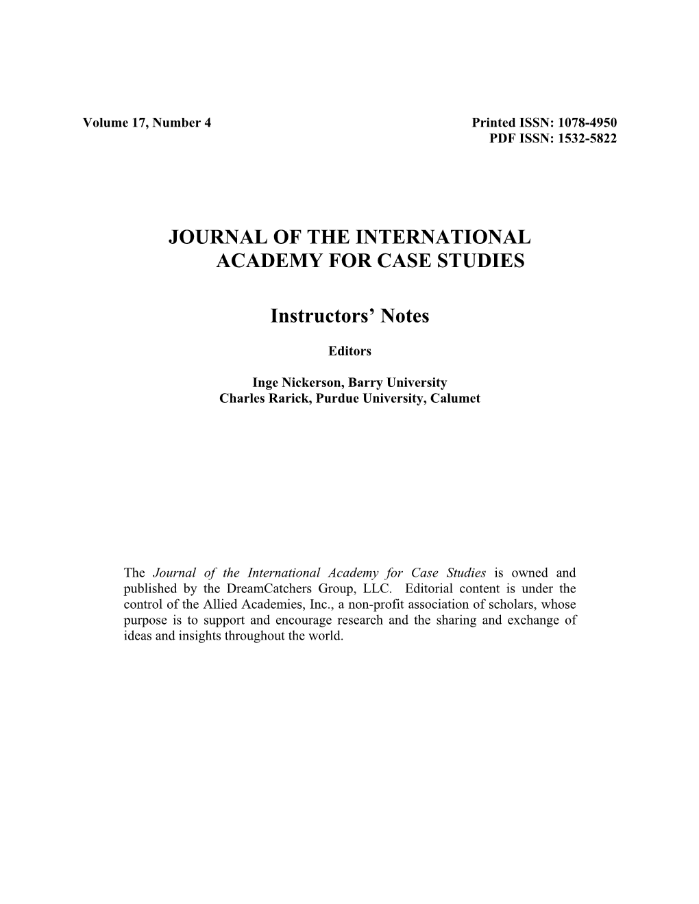 Journal of the International Academy for Case Studies