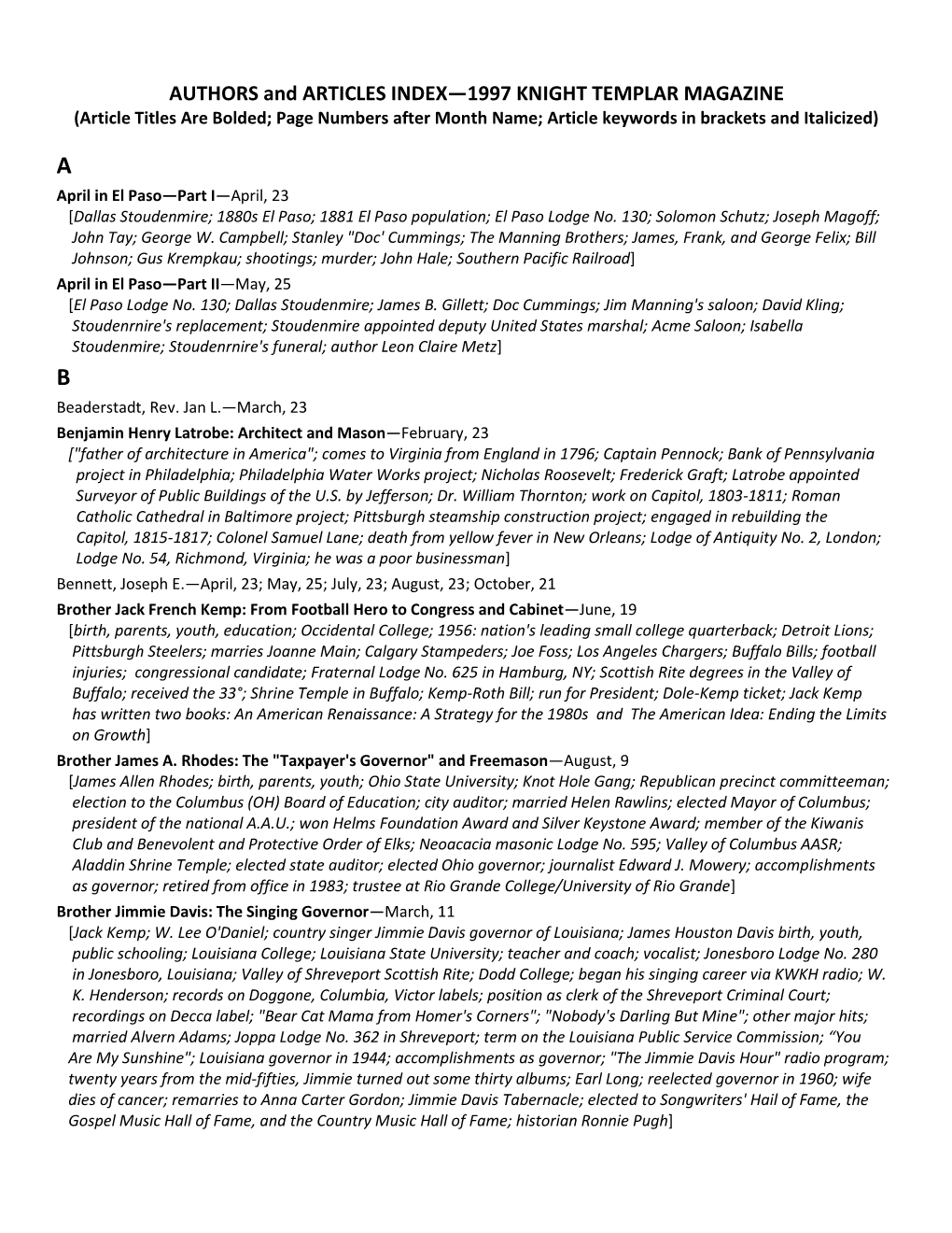 AUTHORS and ARTICLES INDEX—1997 KNIGHT TEMPLAR MAGAZINE (Article Titles Are Bolded; Page Numbers After Month Name; Article Keywords in Brackets and Italicized)