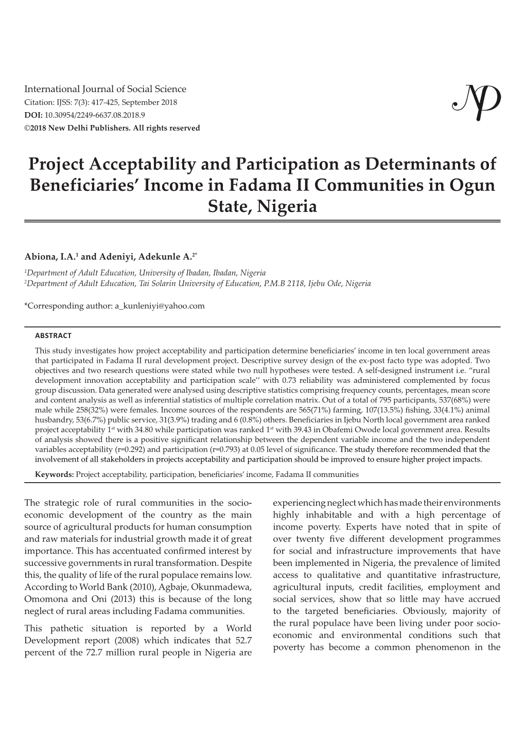 Project Acceptability and Participation As Determinants of Beneficiaries’ Income in Fadama II Communities in Ogun State, Nigeria