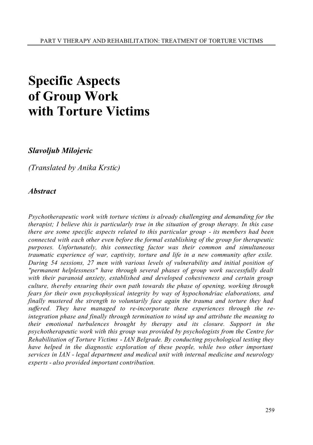 Specific Aspects of Group Work with Torture Victims