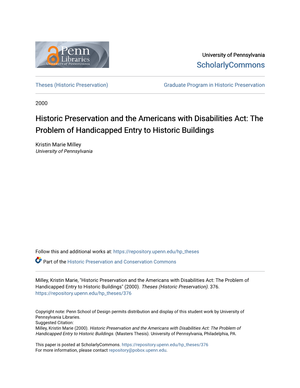 Historic Preservation and the Americans with Disabilities Act: the Problem of Handicapped Entry to Historic Buildings