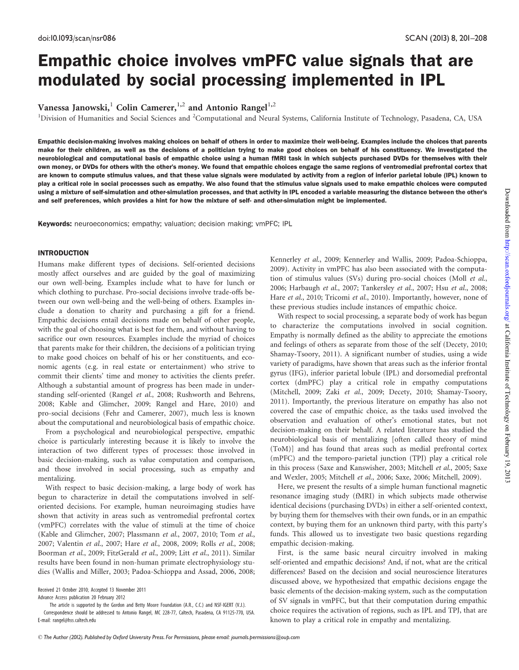 Empathic Choice Involves Vmpfc Value Signals That Are Modulated by Social Processing Implemented in IPL