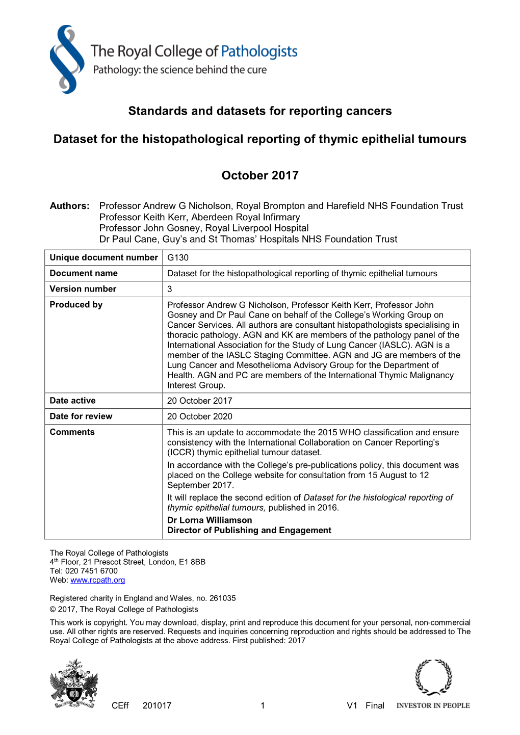 Dataset for the Histopathological Reporting of Thymic Epithelial Tumours