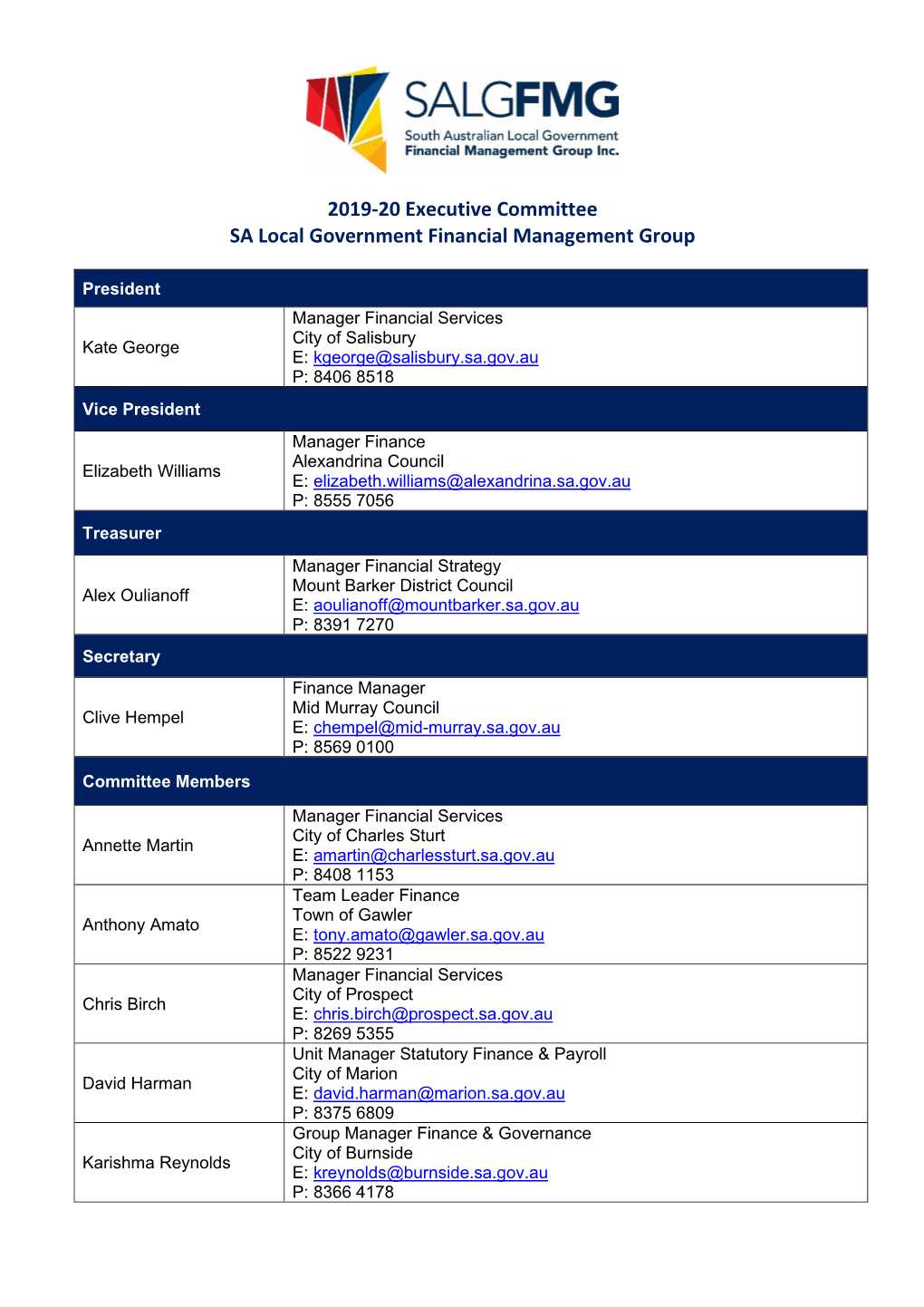 2019-20 Executive Committee SA Local Government Financial Management Group