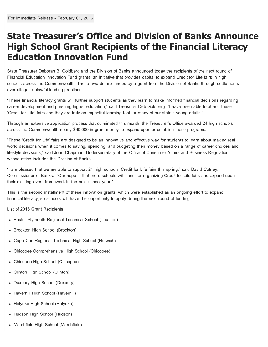 State Treasurer's Office and Division of Banks Announce High School