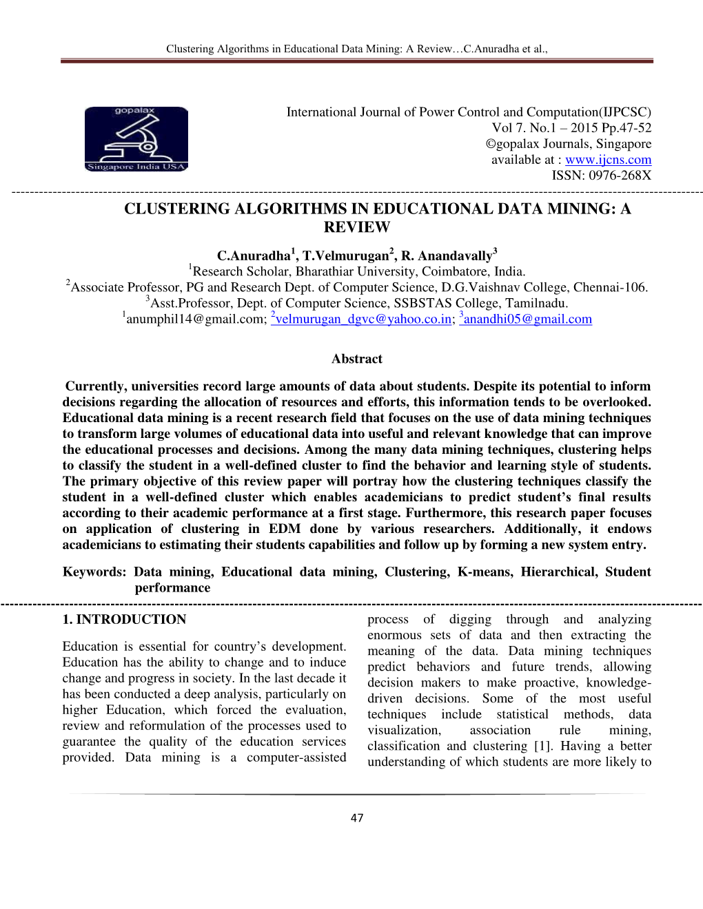 Clustering Algorithms in Educational Data Mining: a Review…C.Anuradha Et Al