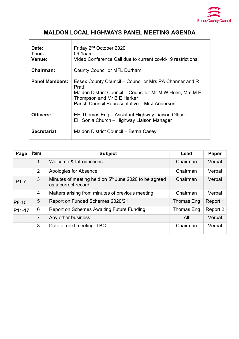 Maldon Local Highways Panel Meeting Agenda