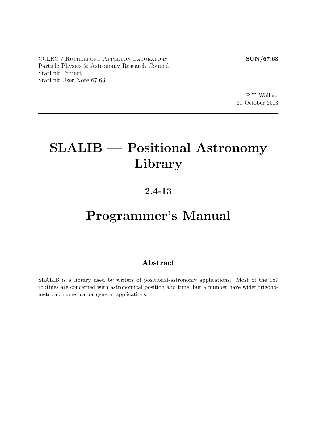 SLALIB — Positional Astronomy Library Programmer's Manual