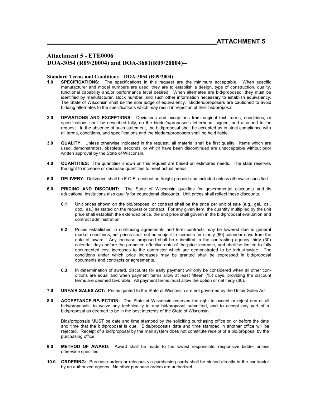 Standard Terms and Conditions DOA-3054 (R09/2004)